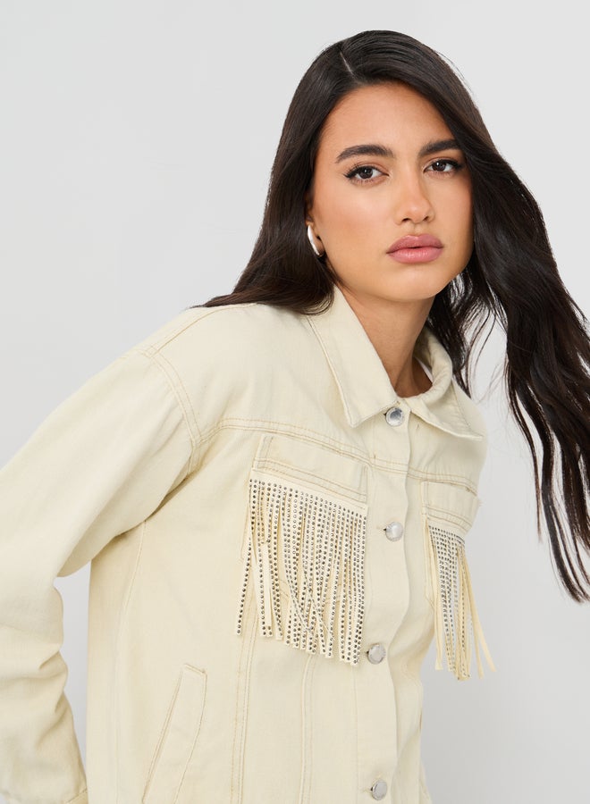 Styli Regular Fit Buttoned Denim Jacket with Fringes Detail - Image 4