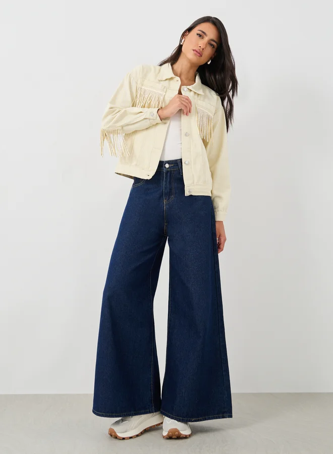 Styli Styli Regular Fit Buttoned Denim Jacket with Fringes Detail