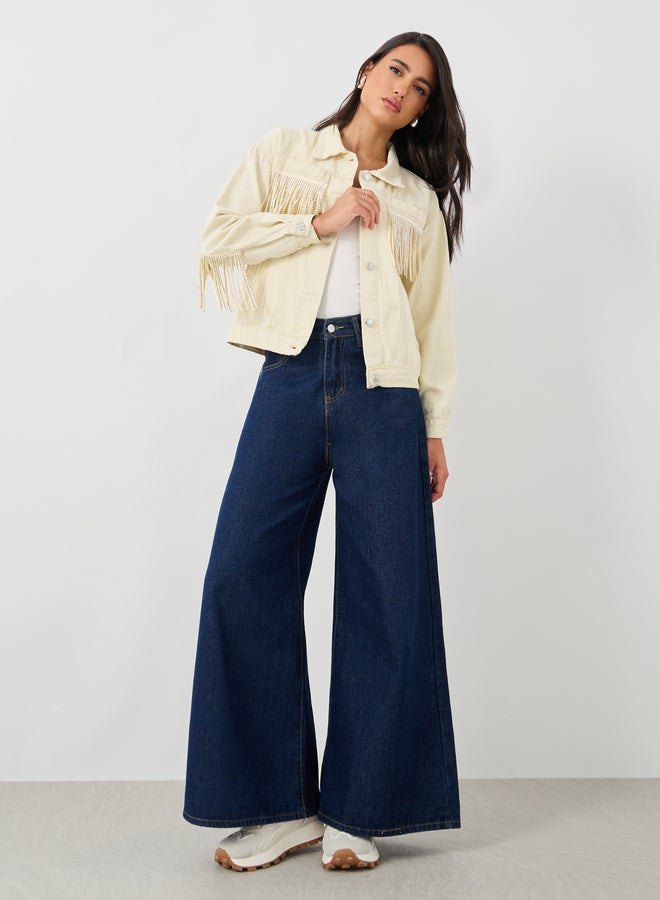 Styli Regular Fit Buttoned Denim Jacket with Fringes Detail - Image 3