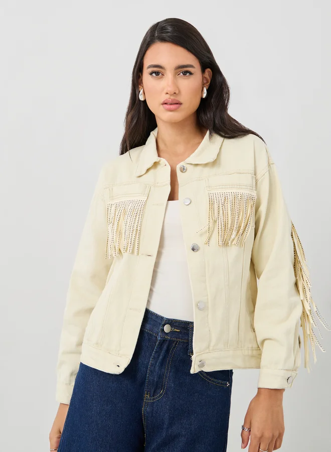 ستايلي Styli Regular Fit Buttoned Denim Jacket with Fringes Detail