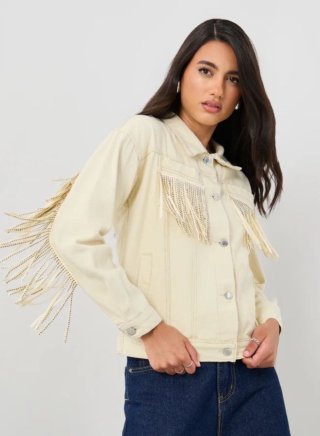 ستايلي Styli Regular Fit Buttoned Denim Jacket with Fringes Detail