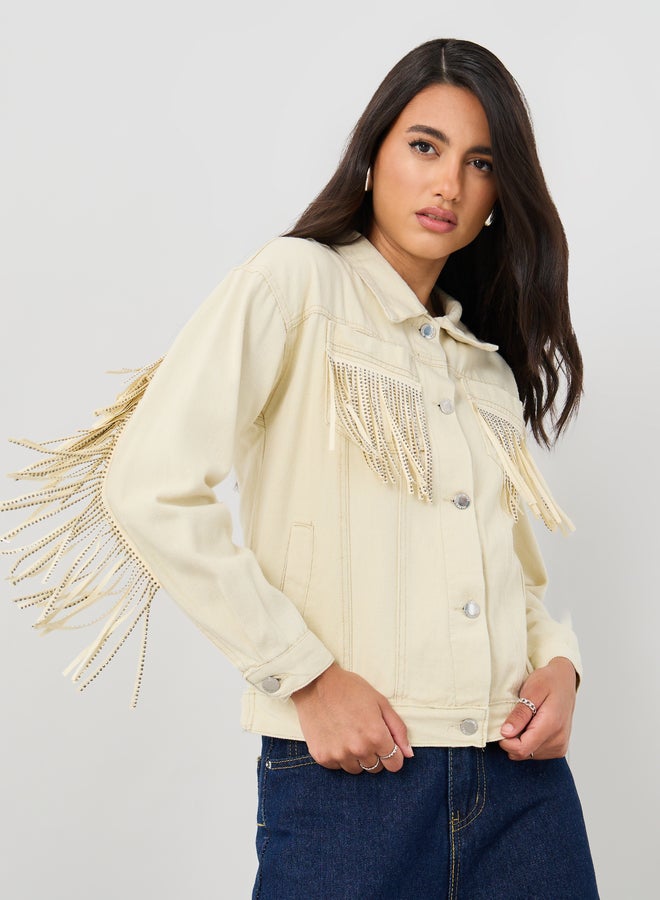 Styli Regular Fit Buttoned Denim Jacket with Fringes Detail - Image 1