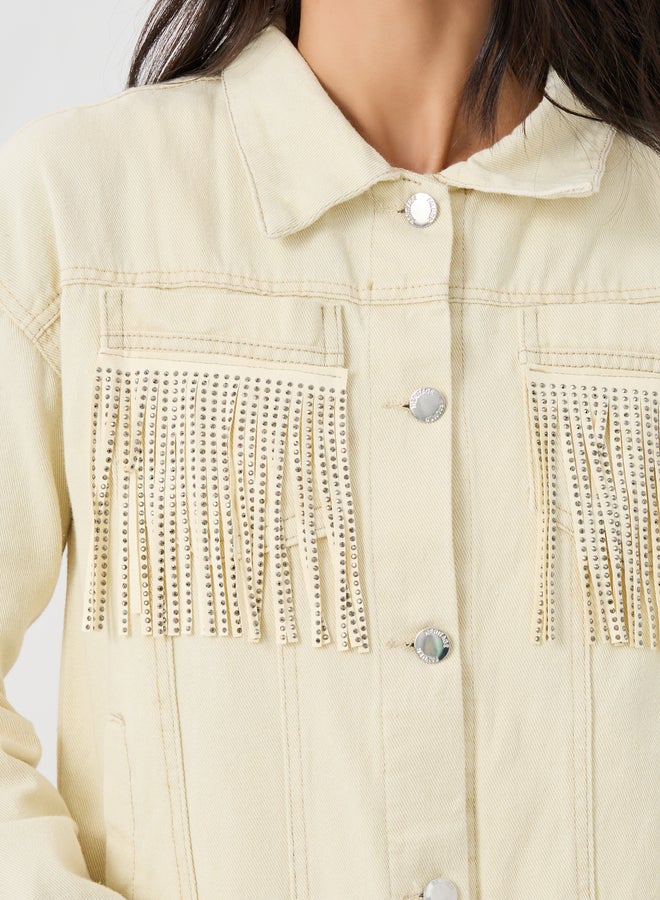 Styli Regular Fit Buttoned Denim Jacket with Fringes Detail - Image 5