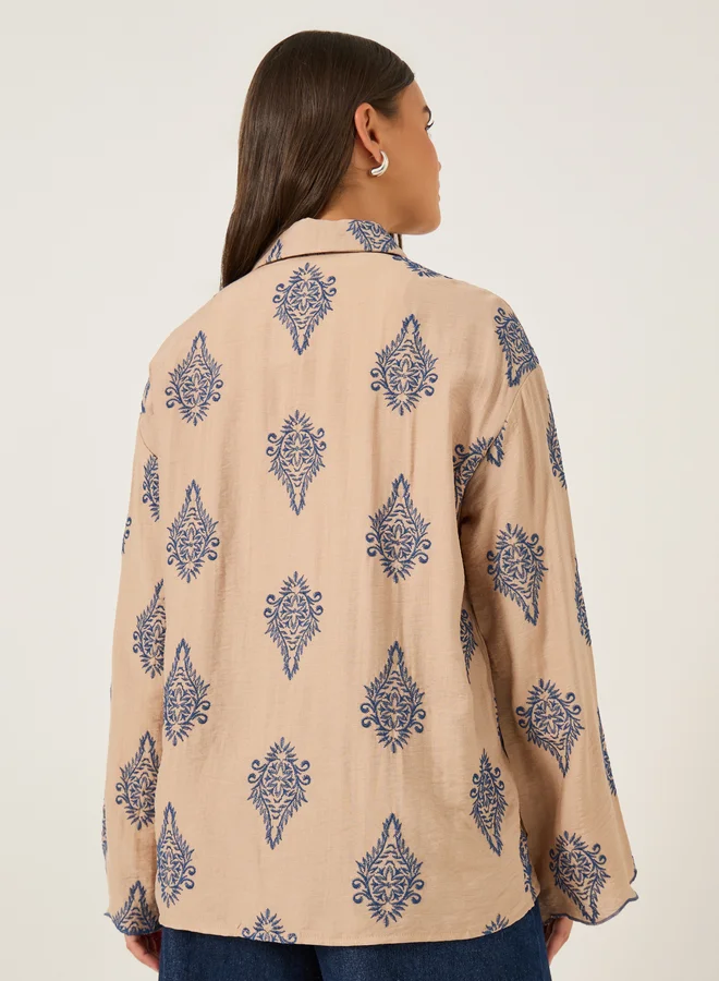 Styli Embroidered Spread Collar Regular Fit Shirt