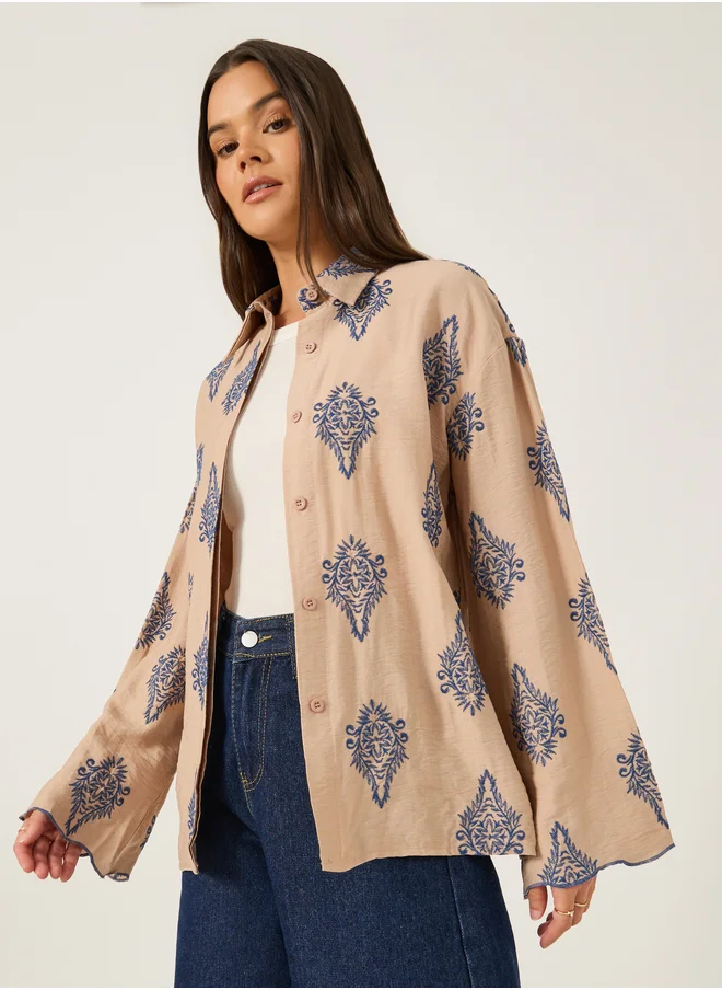 Styli Embroidered Spread Collar Regular Fit Shirt