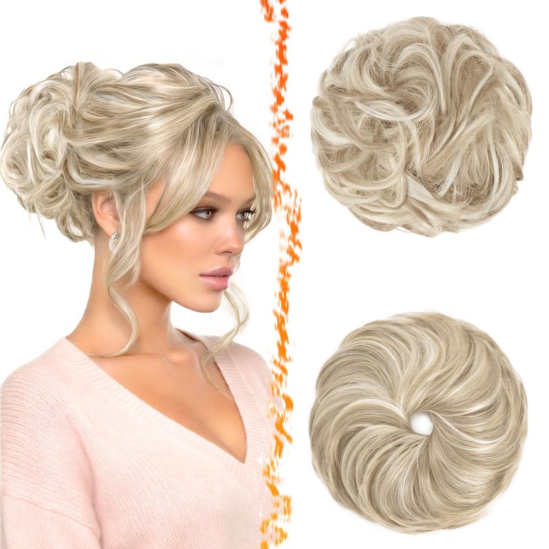BARSDAR 2 PCS Blonde Messy Bun Hair Piece - Elastic Messy Bun Scrunchie for Women - Thick Soft Synthetic Fluffy Large Updo Hair Extensions Chignons Scrunchie Hairpieces - Medium Blonde Highlights - Image 1
