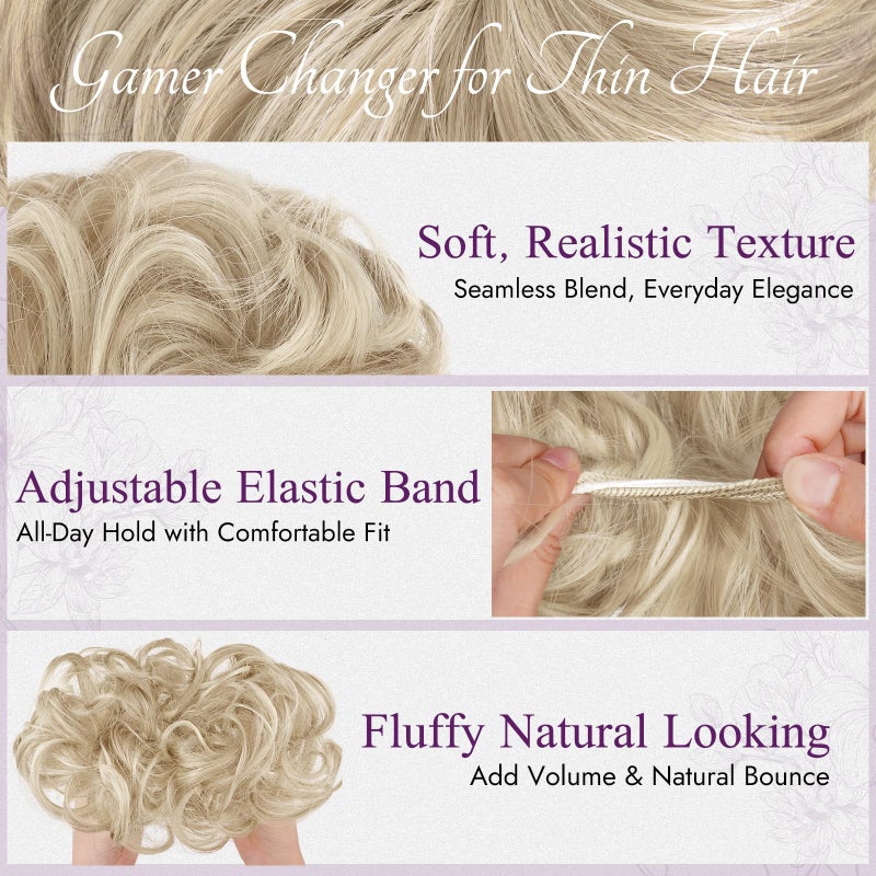 BARSDAR 2 PCS Blonde Messy Bun Hair Piece - Elastic Messy Bun Scrunchie for Women - Thick Soft Synthetic Fluffy Large Updo Hair Extensions Chignons Scrunchie Hairpieces - Medium Blonde Highlights - Image 4
