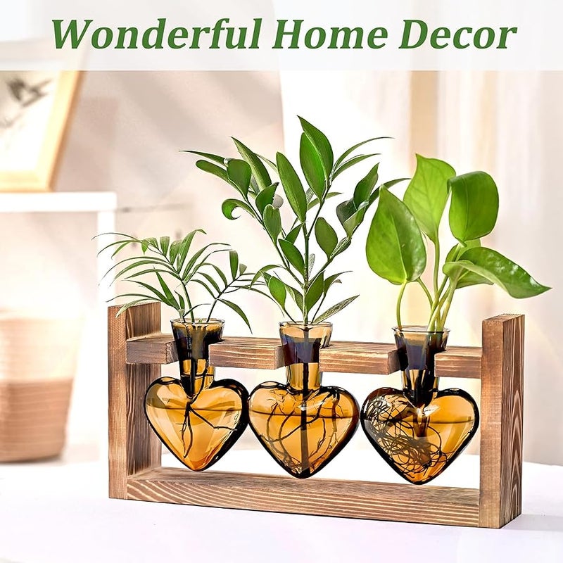 Lifecapido Heart Shaped Propagation Stations, Plant Terrarium with Wooden Stand, Plant Propagation Station for Hydroponics Plants Office Garden Home Decor, Gifts for Women Plant Lover (3 Vases, Amber) - Image 4