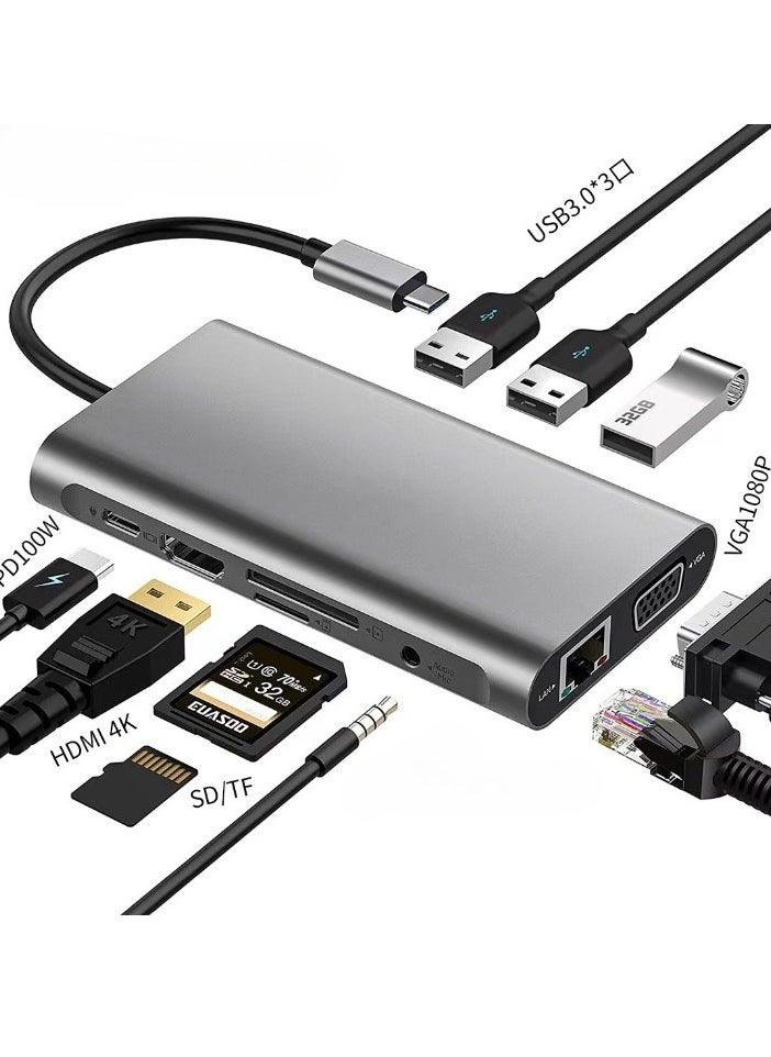 AROAQ Type C To HD Multimedia Interface Adapter, Portable Multiport USB C Hub, Fast Transfer 10-in-1 Type C Adapter,(Ten-in-one HDMI4K+VGA1080P+USB3.0*3+PD100W+SD/TF+Audio Interface+Gigabit Network Port)  - Image 1