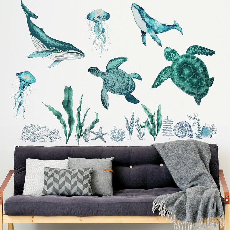 Outus 2 Sheets Art Ocean Wall Decals Stickers Under The Sea Wall Decals Nautical Beach Sea Turtle Seahorse Animal Sticker Removable Peel and Stick Decor for Kids Baby Bedroom Living Room Bathroom Office - Image 2