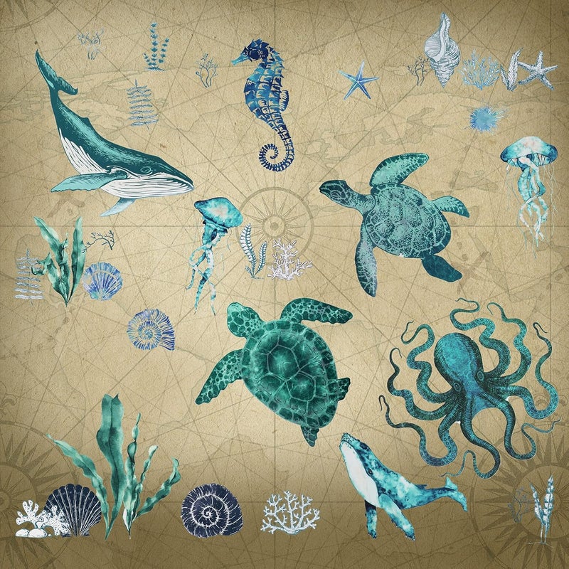 Outus 2 Sheets Art Ocean Wall Decals Stickers Under The Sea Wall Decals Nautical Beach Sea Turtle Seahorse Animal Sticker Removable Peel and Stick Decor for Kids Baby Bedroom Living Room Bathroom Office - Image 1
