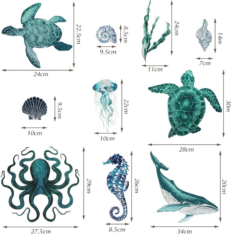 Outus 2 Sheets Art Ocean Wall Decals Stickers Under The Sea Wall Decals Nautical Beach Sea Turtle Seahorse Animal Sticker Removable Peel and Stick Decor for Kids Baby Bedroom Living Room Bathroom Office - Image 3