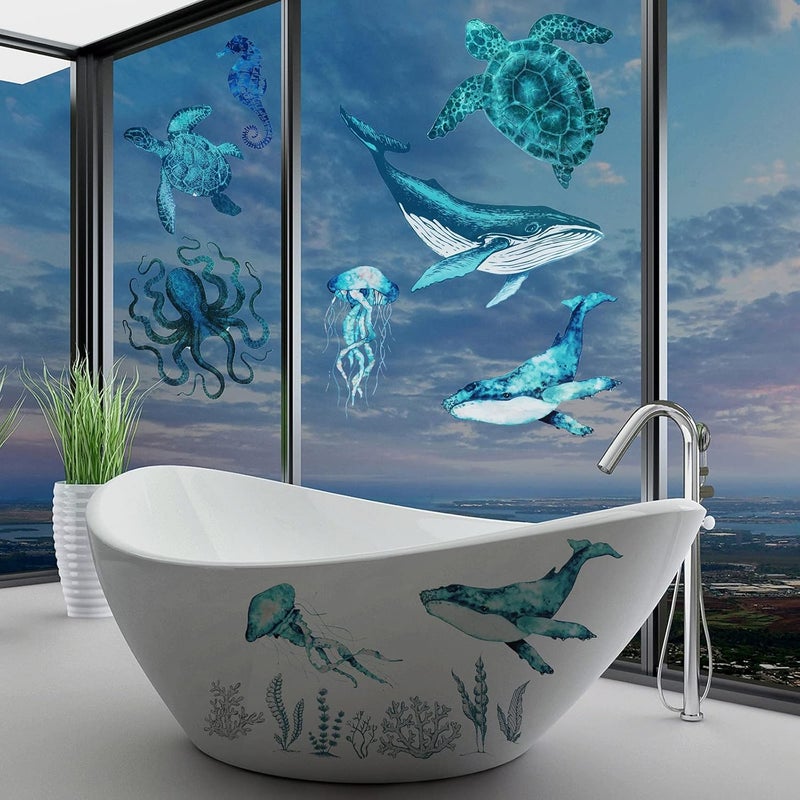 Outus 2 Sheets Art Ocean Wall Decals Stickers Under The Sea Wall Decals Nautical Beach Sea Turtle Seahorse Animal Sticker Removable Peel and Stick Decor for Kids Baby Bedroom Living Room Bathroom Office - Image 4