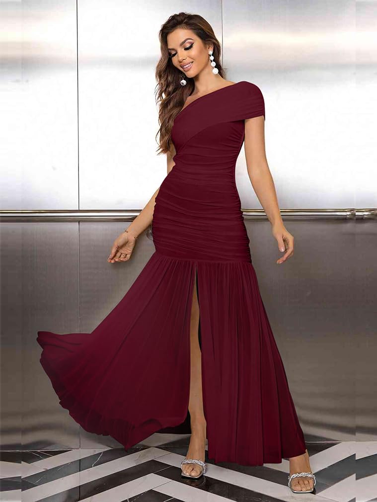 LAGSHIAN Women's Elegant Formal Long Dress One Shoulder Sleeveless Ruched Bodycon Evening Dress WineRed - Image 4