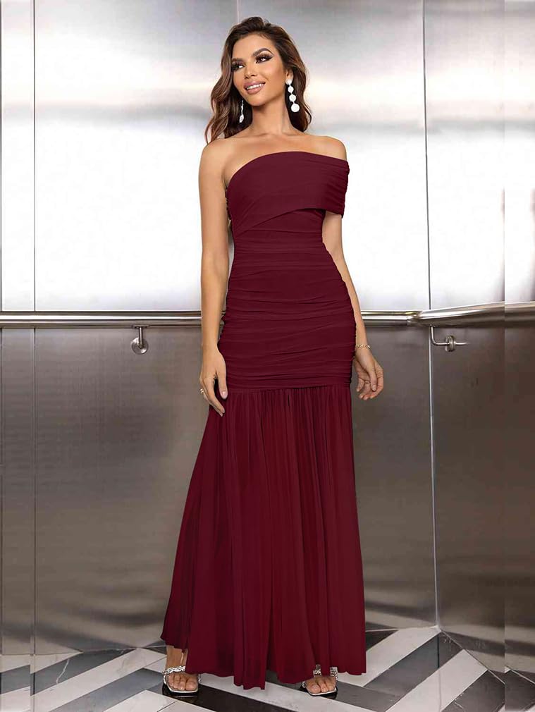 LAGSHIAN Women's Elegant Formal Long Dress One Shoulder Sleeveless Ruched Bodycon Evening Dress WineRed - Image 3