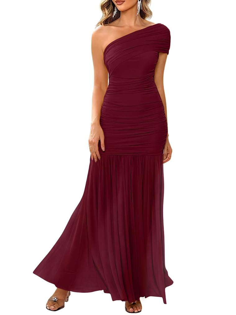 LAGSHIAN Women's Elegant Formal Long Dress One Shoulder Sleeveless Ruched Bodycon Evening Dress WineRed - Image 1