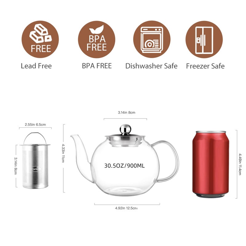 CNGLASS 900ml Glass Teapot with Removable Infuser,Clear Tea Kettle Stovetop Safe,Blooming and Loose Leaf Tea Maker - Image 2