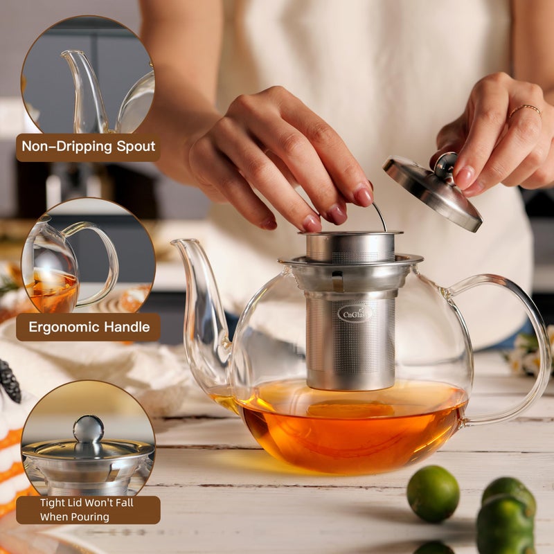 CNGLASS 900ml Glass Teapot with Removable Infuser,Clear Tea Kettle Stovetop Safe,Blooming and Loose Leaf Tea Maker - Image 4