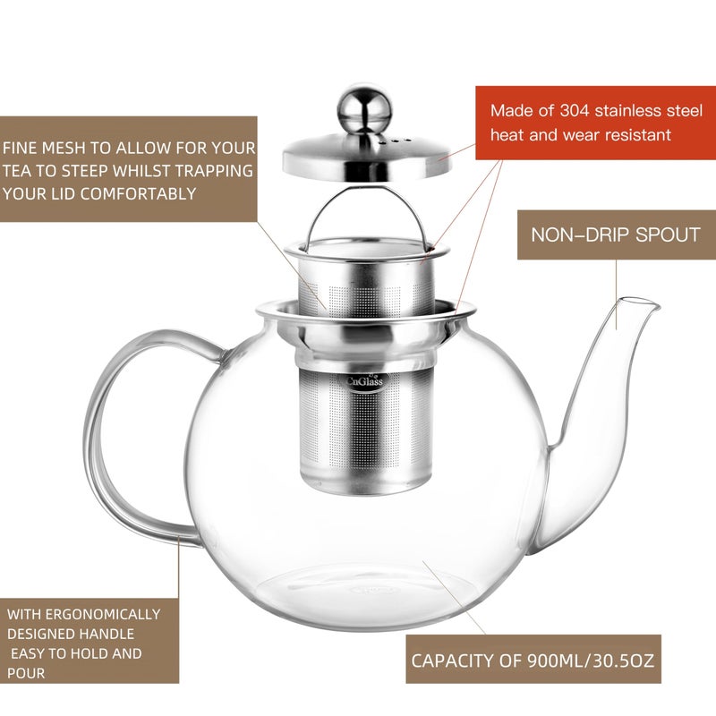 CNGLASS 900ml Glass Teapot with Removable Infuser,Clear Tea Kettle Stovetop Safe,Blooming and Loose Leaf Tea Maker - Image 3