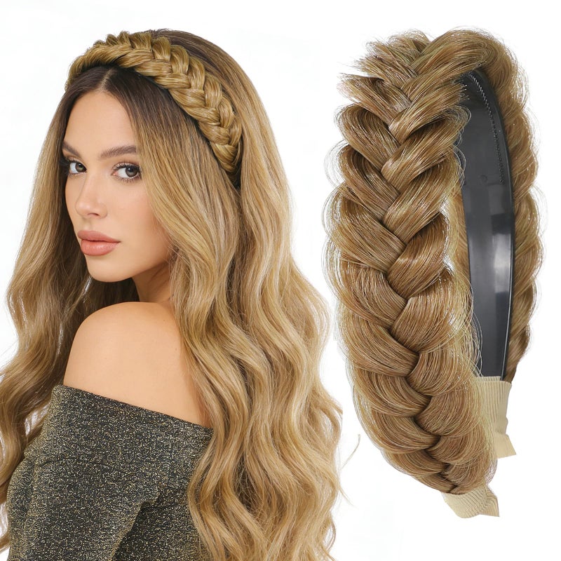 TOECWEGR Braided Headband WithTooth Wide Braid Messy Hair Hoop WomenFashion Hair Accessories (Caramel Gold) - Image 1