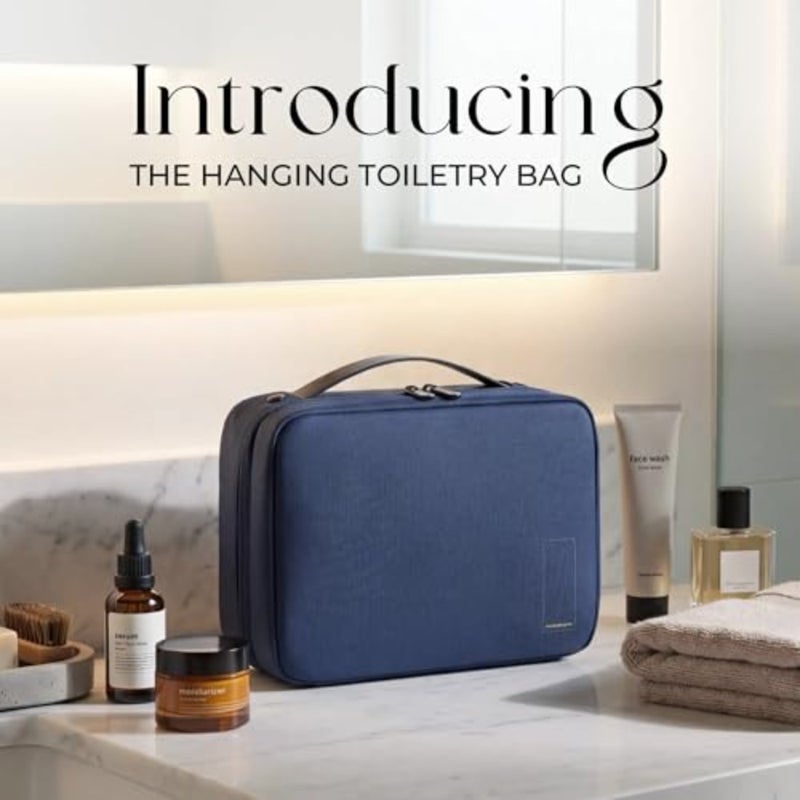 Hanging toiletry bag for travel use, made of durable black nylon, featuring 3 split compartments and a hook for easy hanging, ideal as a birthday or anniversary gift - Image 3