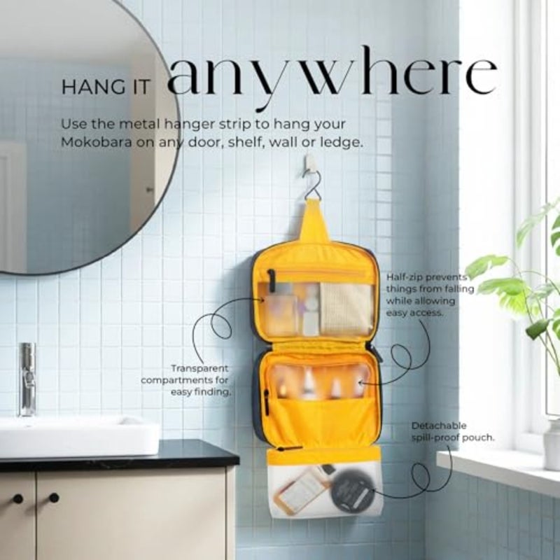 Hanging toiletry bag for travel use, made of durable black nylon, featuring 3 split compartments and a hook for easy hanging, ideal as a birthday or anniversary gift - Image 4