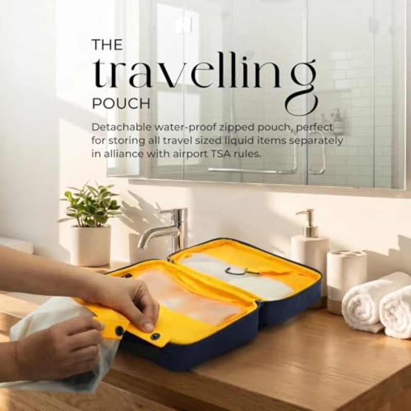 Hanging toiletry bag for travel use, made of durable black nylon, featuring 3 split compartments and a hook for easy hanging, ideal as a birthday or anniversary gift - Image 5