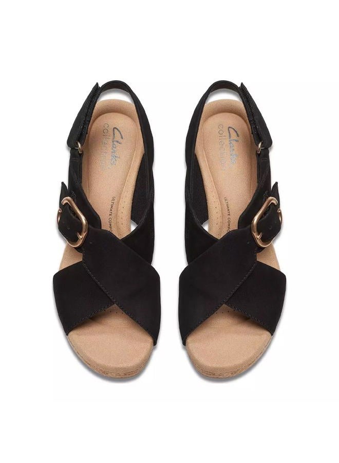 clarks Women's Giselle Dove Wedge Sandal, Black Nubuck, 10 - Image 4