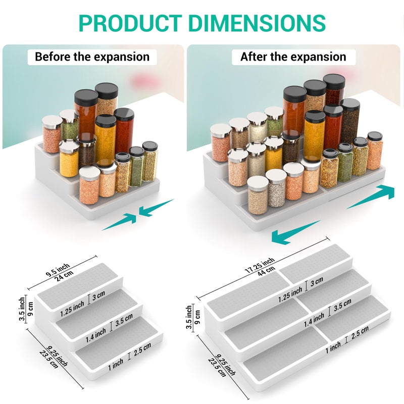 YAN & HIN Expandable Spice Rack Organizer for Cabinet (2 Pack), 3-Tier Tiered Spice Shelf Organizer with Non-Skid Surface, Spice Riser, Adjustable Pantry Organizer for Spices, Cans & Medicine Cabinet - Image 3