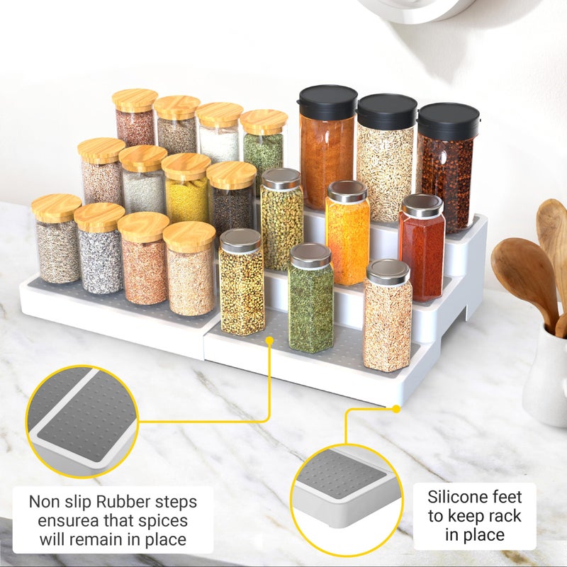 YAN & HIN Expandable Spice Rack Organizer for Cabinet (2 Pack), 3-Tier Tiered Spice Shelf Organizer with Non-Skid Surface, Spice Riser, Adjustable Pantry Organizer for Spices, Cans & Medicine Cabinet - Image 5