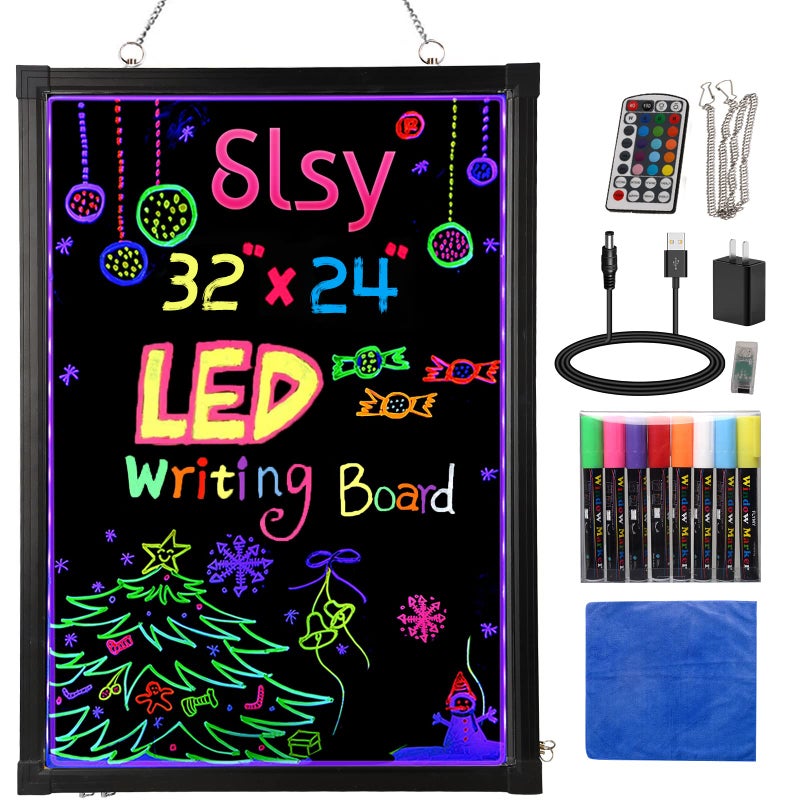 Slsy Illuminated LED Message Writing Board Erasable Neon Effect Menu Sign Board with 8 Fluorescent Makers 12Colors Flashing Modes Remote Control Message Board 28X20
