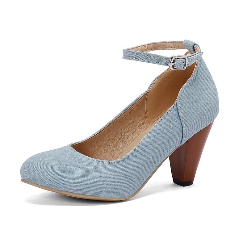 2024 Spring Classic Round Heels 31-48 Denim Plus Size Shallow Mouth Single Shoes - Image 1