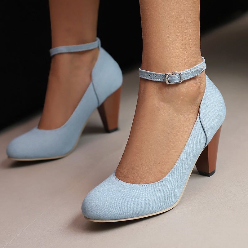 2024 Spring Classic Round Heels 31-48 Denim Plus Size Shallow Mouth Single Shoes - Image 2