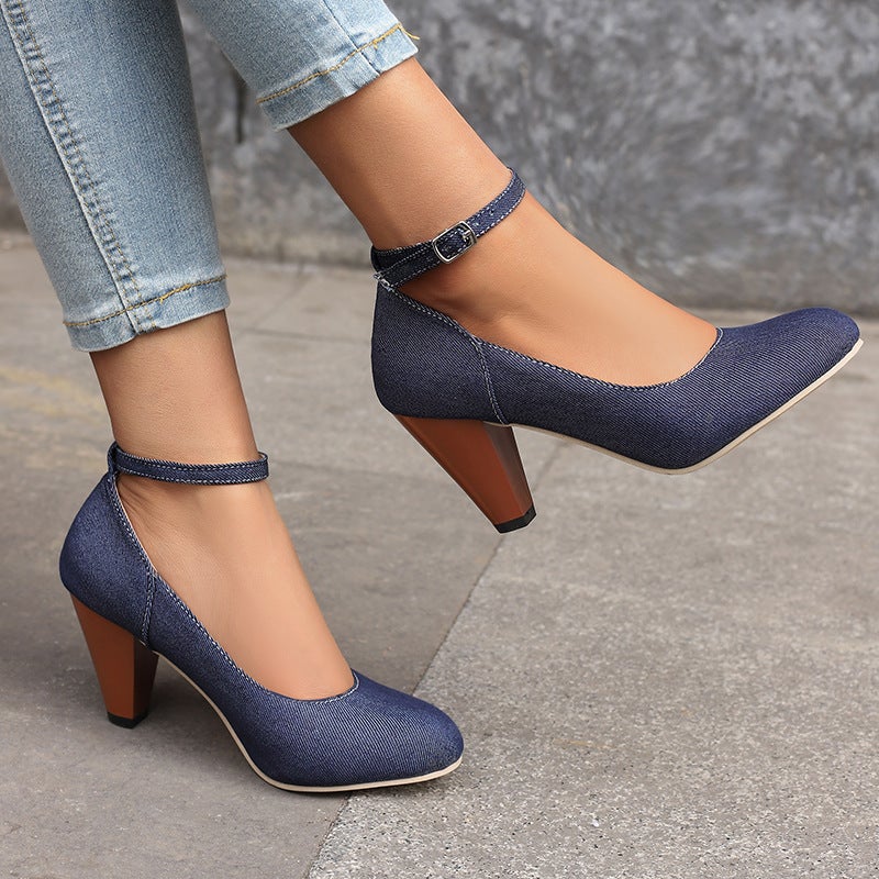 2024 Spring Classic Round Heels 31-48 Denim Plus Size Shallow Mouth Single Shoes - Image 4