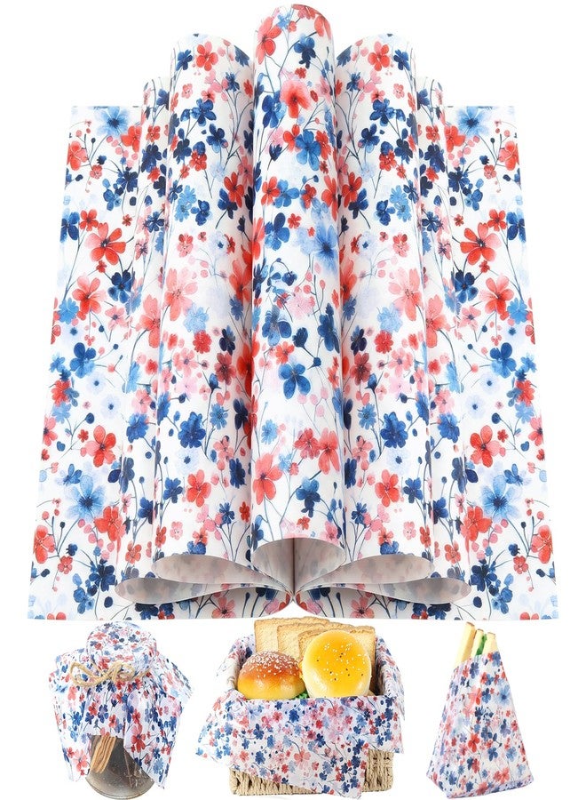 Fabllewavi 150 Sheets Pretty 4th of July Floral Wax Paper for Food Deli, 9.8 x 8.3 inch Patriotic Red White and Blue Flowers Greaseproof Deli Sheets for Memorial Day Sandwich Picnic Basket Liner Supplies - Image 1