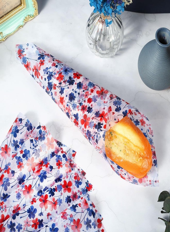 Fabllewavi 150 Sheets Pretty 4th of July Floral Wax Paper for Food Deli, 9.8 x 8.3 inch Patriotic Red White and Blue Flowers Greaseproof Deli Sheets for Memorial Day Sandwich Picnic Basket Liner Supplies - Image 4