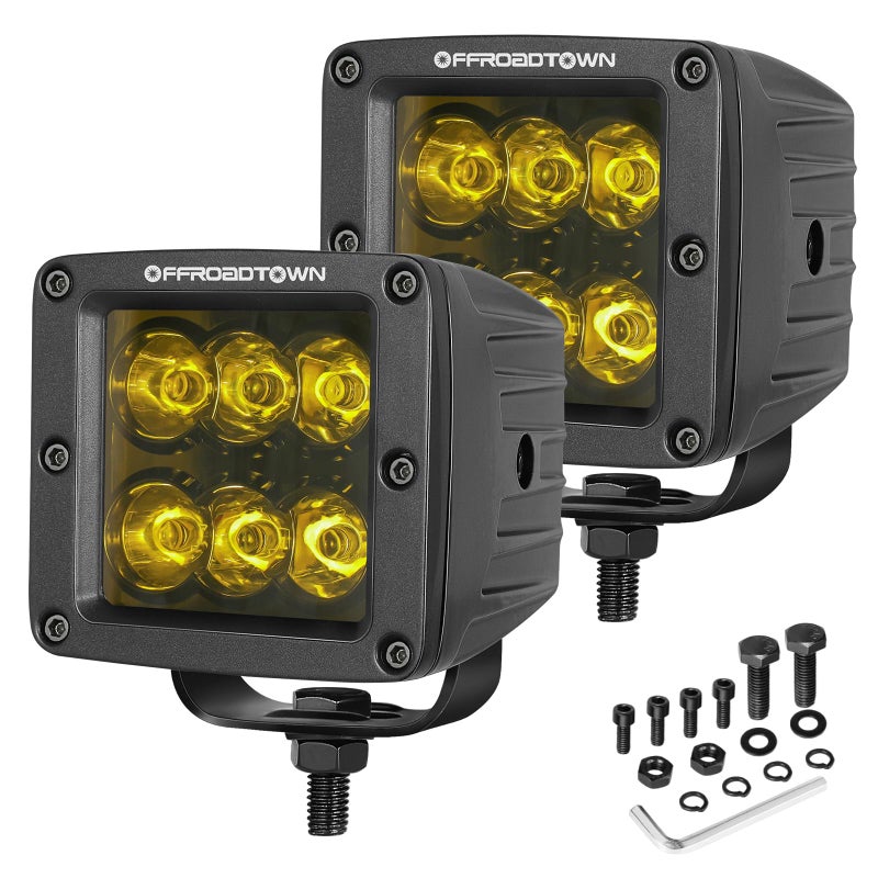 مكعبات LED كهرماني OFFROADTOWN 2PCS 3 إنش 120 واط ضوء كشاف عالي اللمعان مصابيح ضباب صفراء للقيادة على الطرق الوعرة مقاومة للماء للشاحنات ATV SUV البحرية مقدمة الصدام