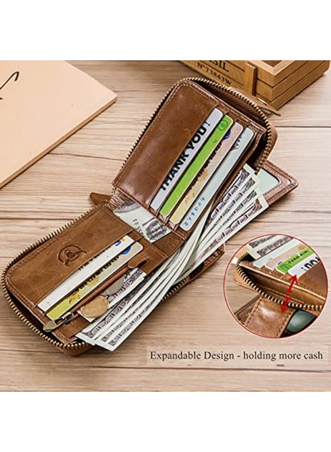 BULLCAPTAIN Genuine Leather RFID Wallet for Men Large Capacity ID Window Card Case with Zip Coin Pocket QB-231 - Image 4