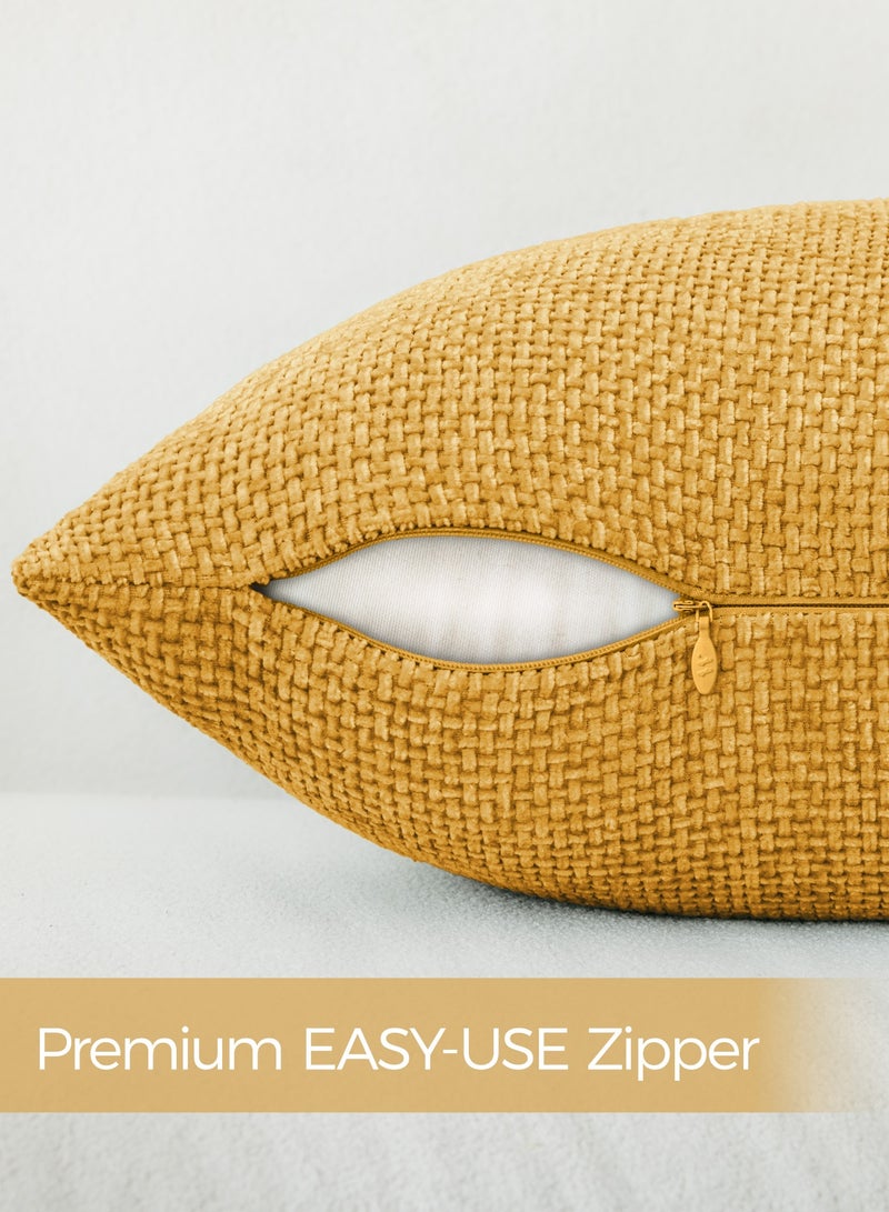 لحظة غطاء وسادة شنيلي باللون الأصفر الخردلي لحظة 50x50 سم عبوة من 2 غطاء وسادة زخرفي حديث من الطراز الريفي على شكل صليب. - Image 3