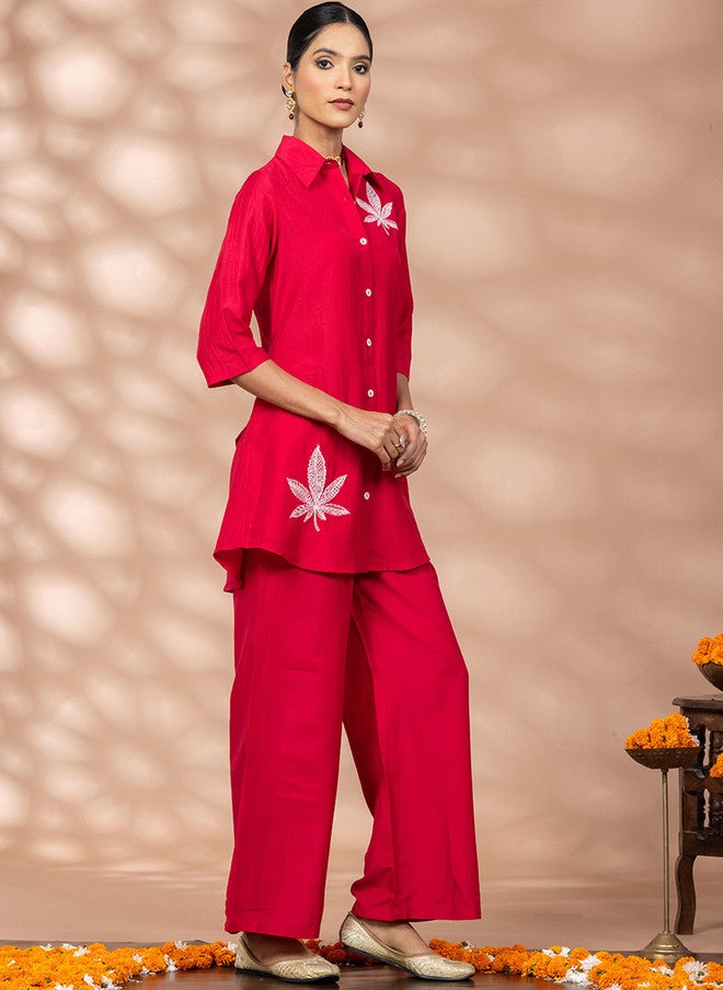 WineRed Wine Red Embroidered Shirt Collar Shirt With Palazzos - Image 4