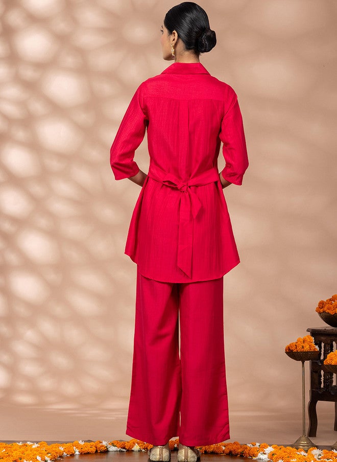 WineRed Wine Red Embroidered Shirt Collar Shirt With Palazzos - Image 5