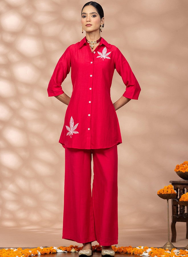 WineRed Wine Red Embroidered Shirt Collar Shirt With Palazzos - Image 1