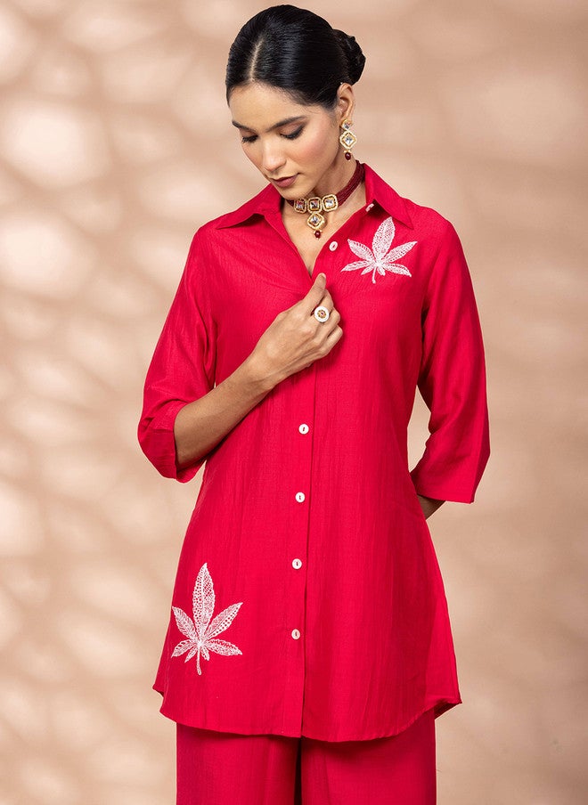 WineRed Wine Red Embroidered Shirt Collar Shirt With Palazzos - Image 2