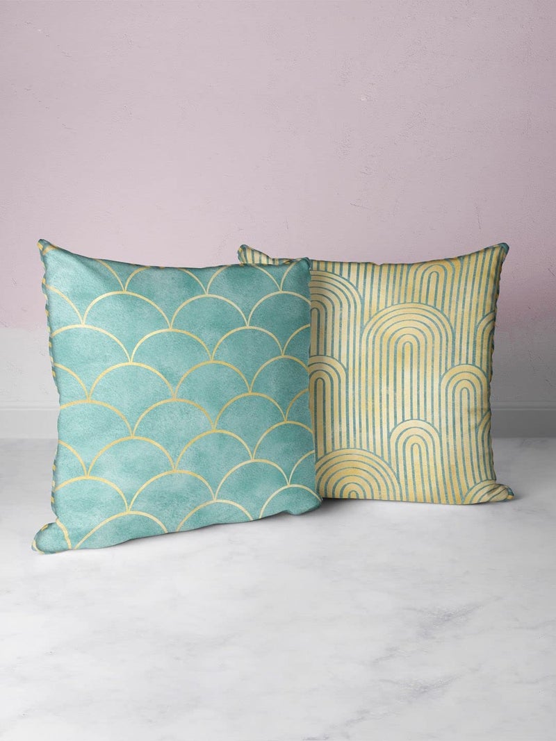 BIANCA Designer Reversible Printed Silk Linen Cushion Covers -2pc 16 X16 Set (Suzane) | Silk-Linen Luxury Cushion Cover | with Contrast Front & Back Digital Print - Hidden Zipper Geometric-Beige/Mint - Image 1