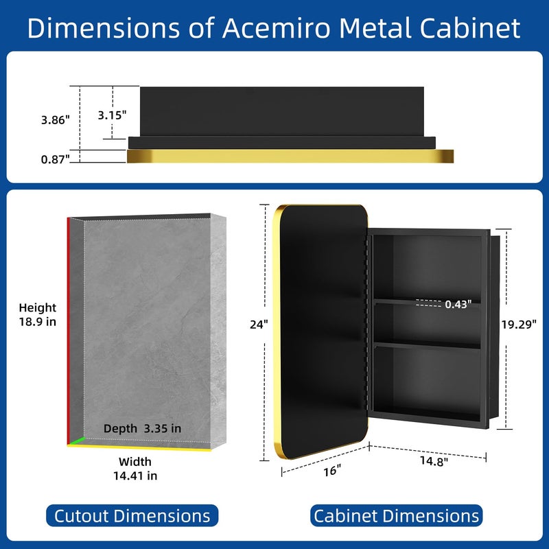 ACEMIRO 16x24 Inch Mirror Medicine Cabinet for Bathroom Gold Metal Frame Bathroom Medicine Cabinet with Mirror Recessed or Wall Mounted - Image 2