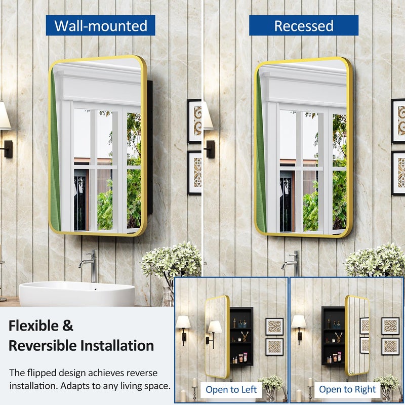 ACEMIRO 16x24 Inch Mirror Medicine Cabinet for Bathroom Gold Metal Frame Bathroom Medicine Cabinet with Mirror Recessed or Wall Mounted - Image 3