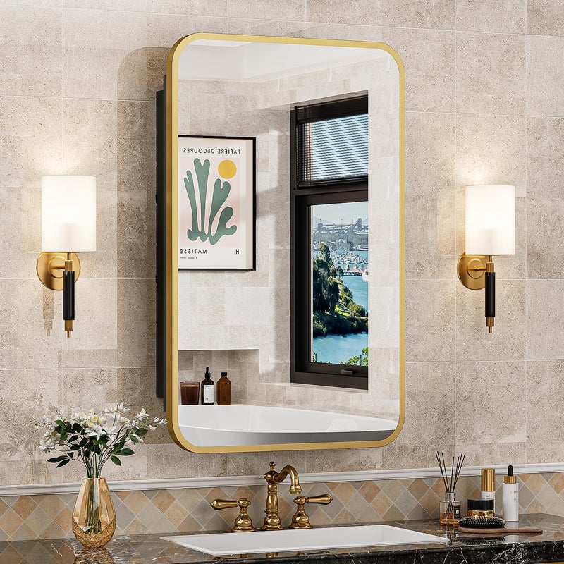 ACEMIRO 16x24 Inch Mirror Medicine Cabinet for Bathroom Gold Metal Frame Bathroom Medicine Cabinet with Mirror Recessed or Wall Mounted - Image 1