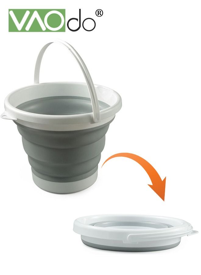 10L Collapsible Plastic Bucket, Foldable Buckets Indoor and Outdoor Collapsible Bucket with Handle, MultiPurpose Circle Handy Portable Fishing Water Pail, Beach Water Pails Grey