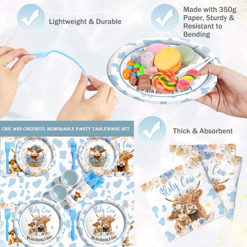 Hombae Highland Cow Baby Shower Decorations for Boy, 199 PCs â€“ Holy Cow Baby Shower Party Supplies Tableware Set with Boho Blue Plates, Napkins, Hanging Swirls, Serve 24 Guests - Image 3