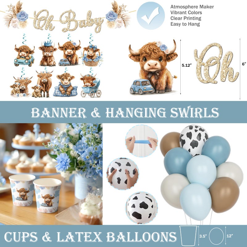 Hombae Highland Cow Baby Shower Decorations for Boy, 199 PCs â€“ Holy Cow Baby Shower Party Supplies Tableware Set with Boho Blue Plates, Napkins, Hanging Swirls, Serve 24 Guests - Image 4